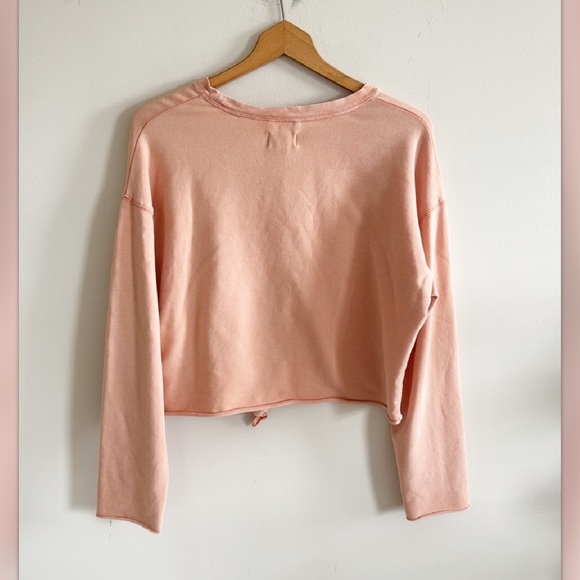 Aerie peachy pink long sleeve cropped tie front pullover knit top size Medium - Picture 4 of 6